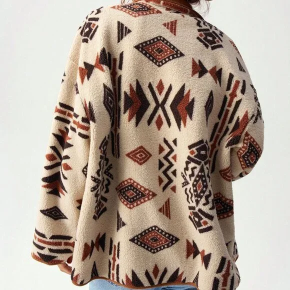 Multicolor Casual Women's Geometric Print Reversible Fleece Jacket - Picture 2 of 8